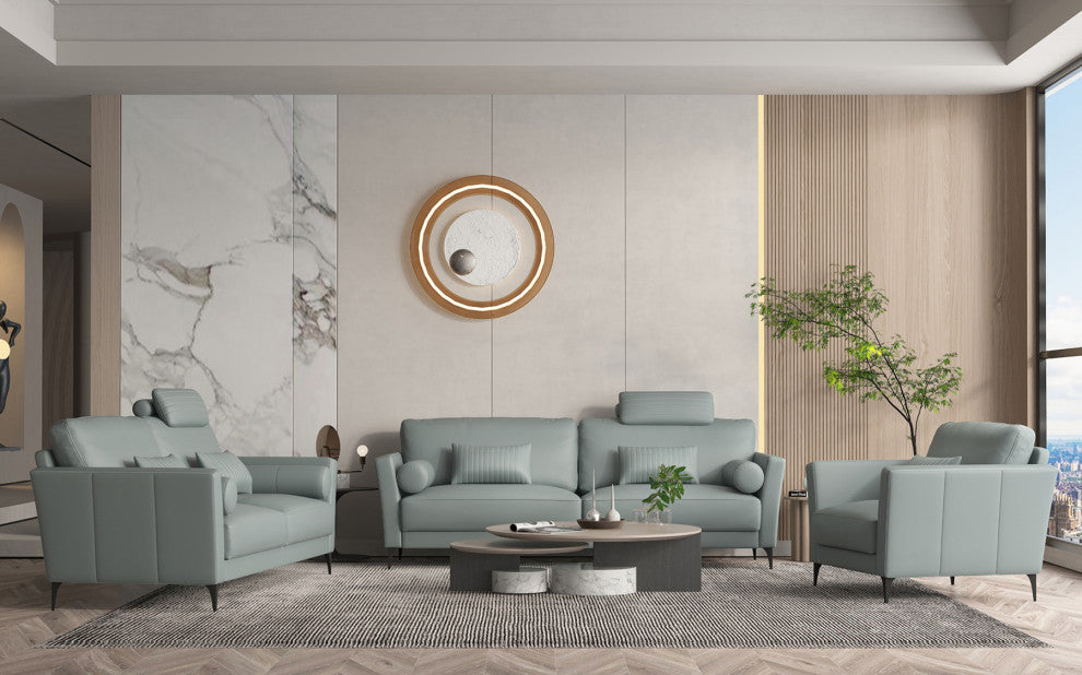 Leather Upholstered Loveseat With Five Pillows, Watery