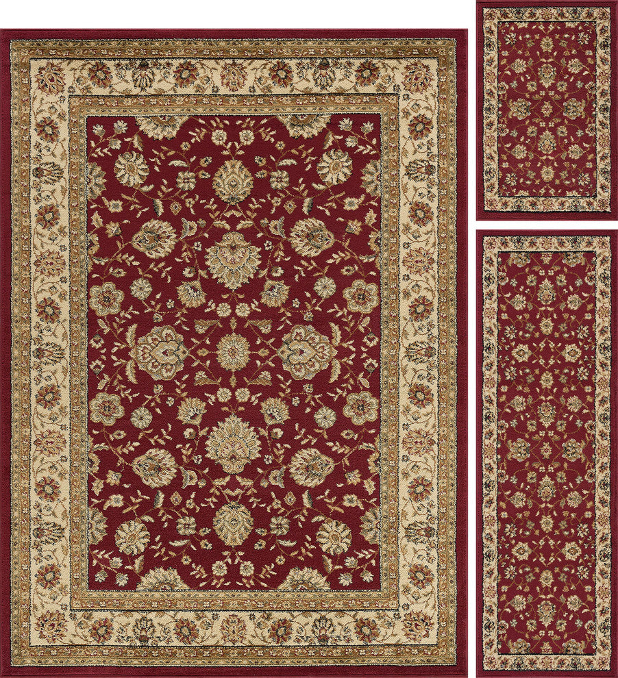 Raleigh Traditional Floral Red 3-Piece Area Rug Set