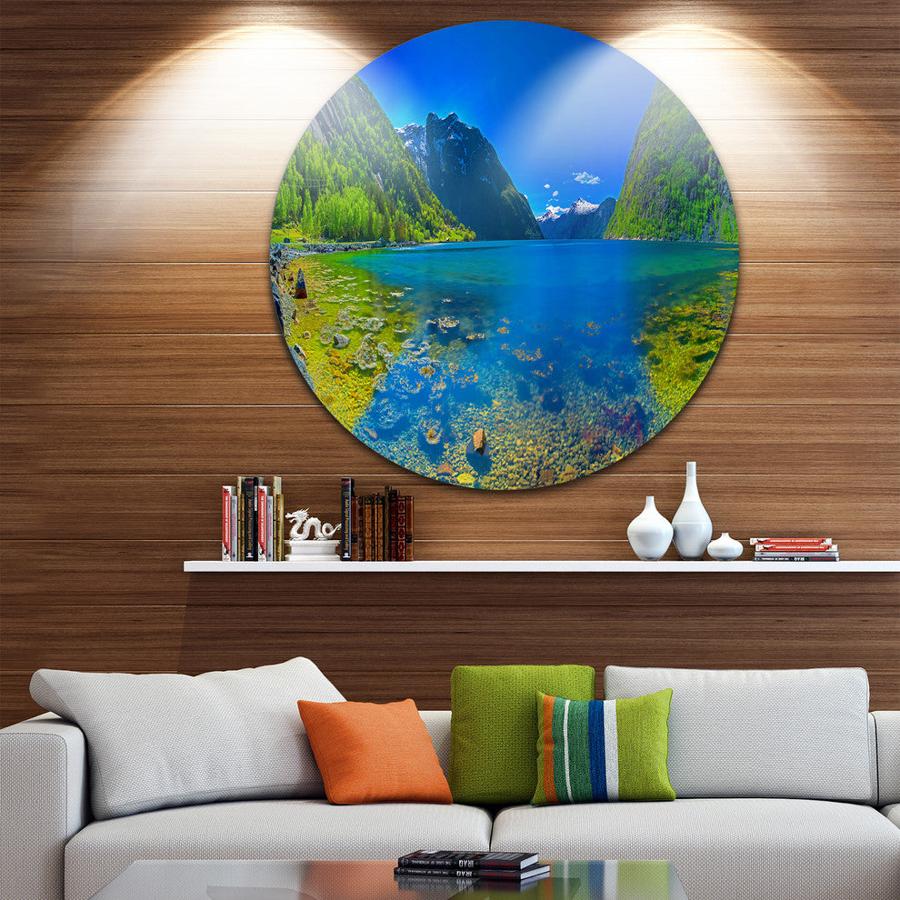 Panoramic View Of Norwegian Fjord, Landscape Round Metal Wall Art, 23"