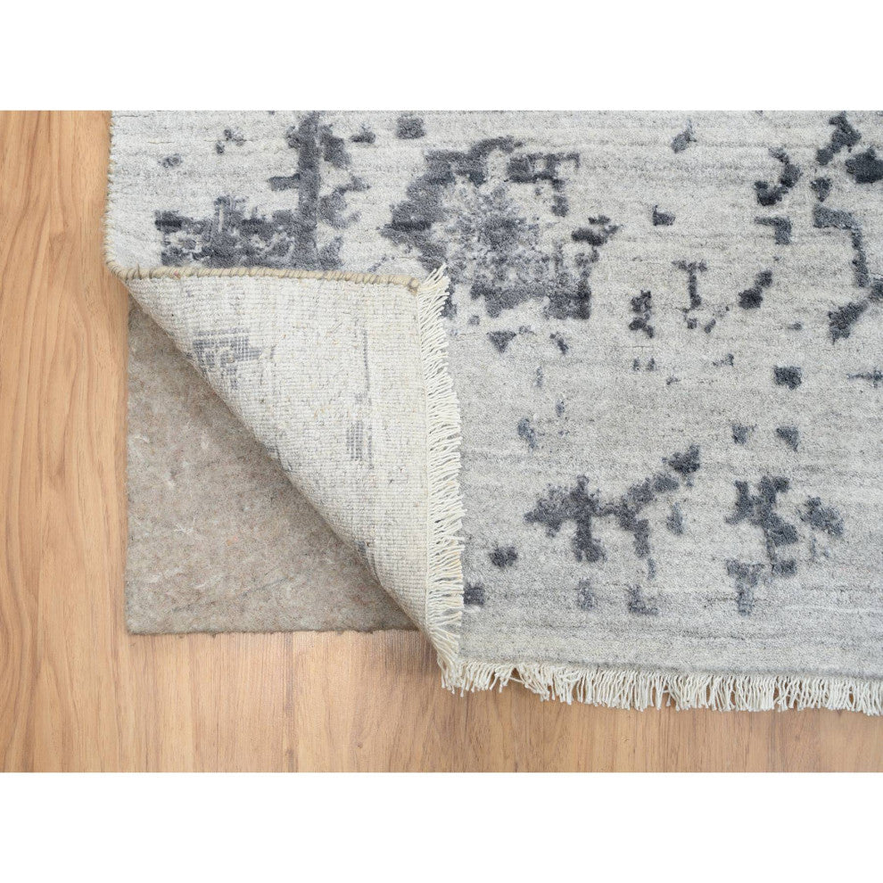 Gray Wool and Silk Hand Knotted Erased Persian Design Oversized Rug 12'1"x15'1"