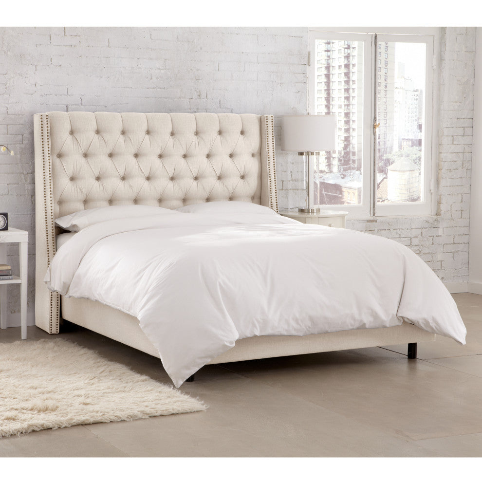 Williams Twin Nail Button Wingback Bed, Linen Talc