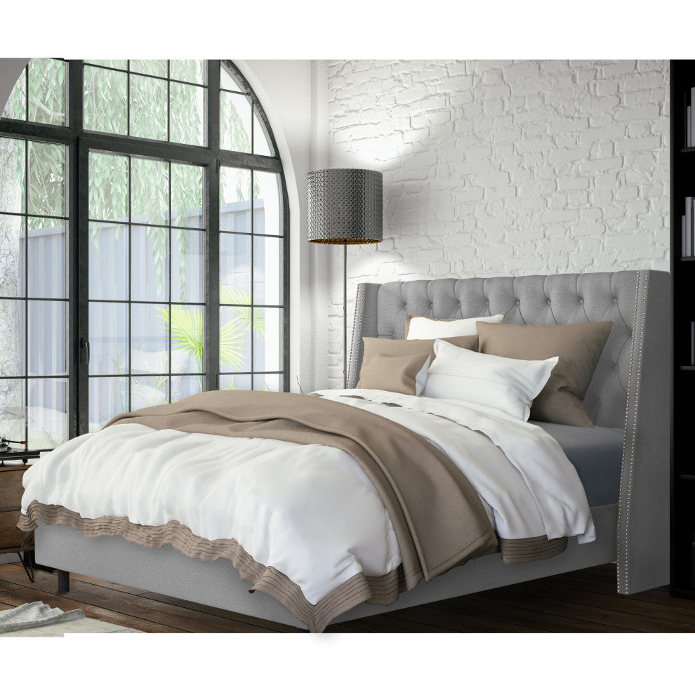 Williams Full Nail Button Wingback Bed, Linen Gray