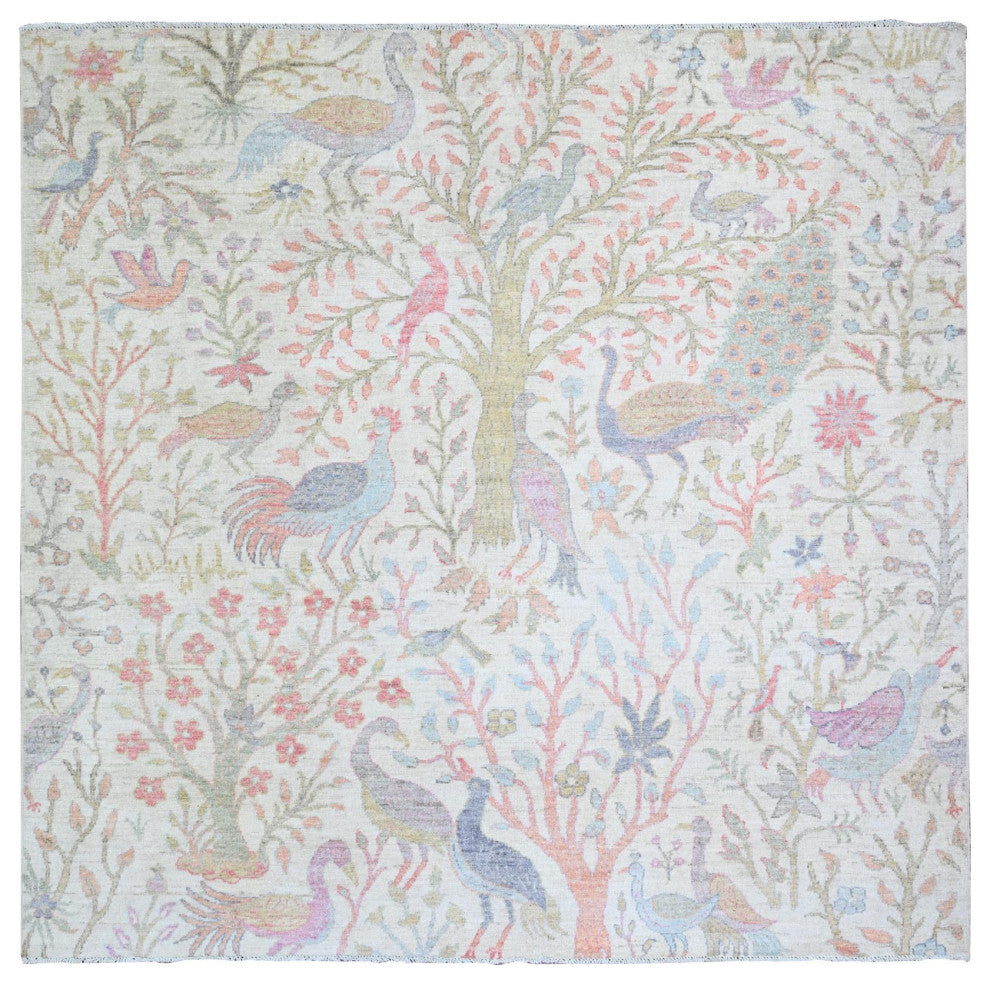 Ivory Birds Paradise Hand Knotted Peshawar Square Wool Oriental Rug 5'11"x6'
