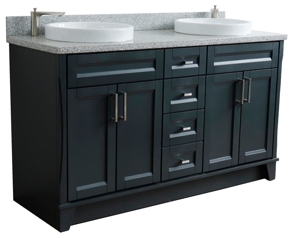 61" Double Sink Vanity, Dark Gray Finish And Gray Granite And Round Sink
