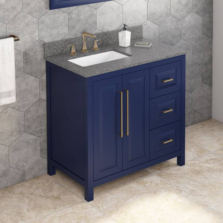 Cade Transitional 36" Hale Blue Left Offset Sink Vanity, Boulder Vanity Cultured