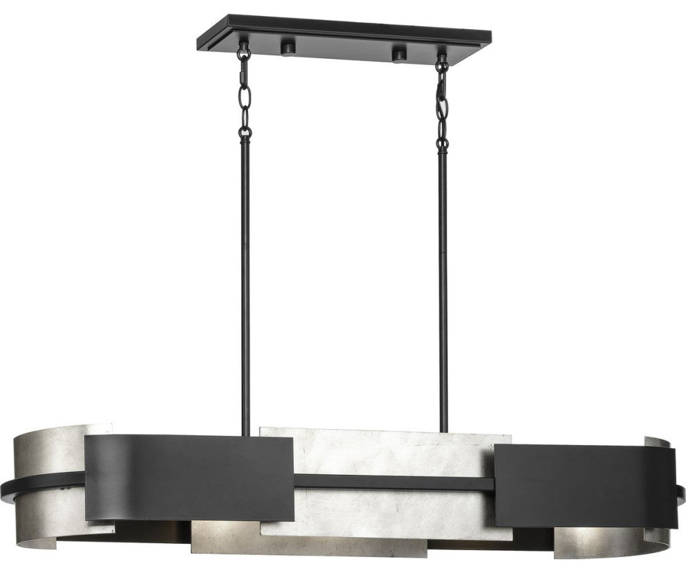 Lowery 4-Light Matte Black Linear Chandelier With Aged Silver Leaf Accent