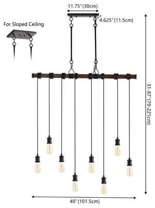 40" 8-Light Driftwood Iron LED Linear Chandelier With Height Adjustable Bulbs