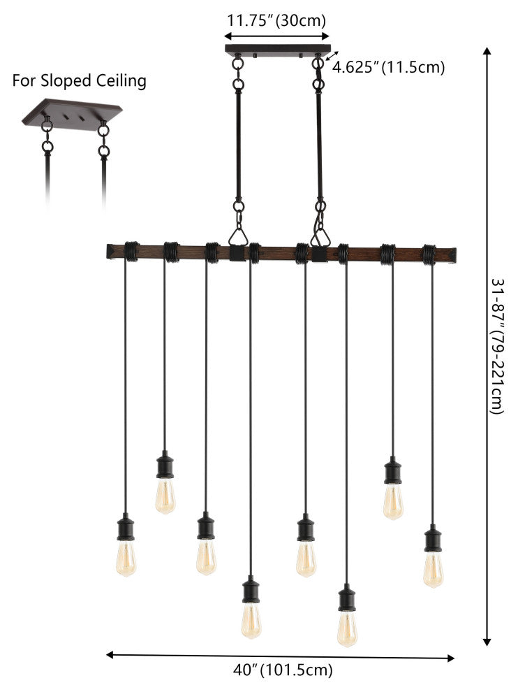 40" 8-Light Driftwood Iron LED Linear Chandelier With Height Adjustable Bulbs