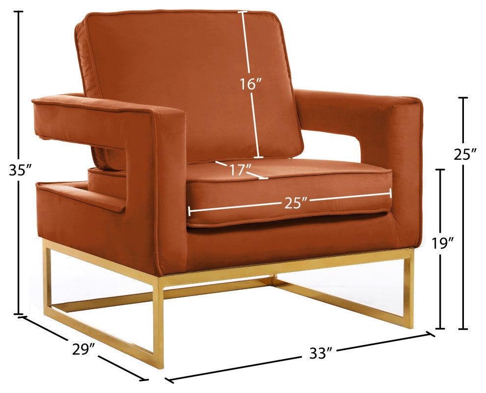 Noah Velvet Upholstered Accent Chair, Cognac, Gold Base