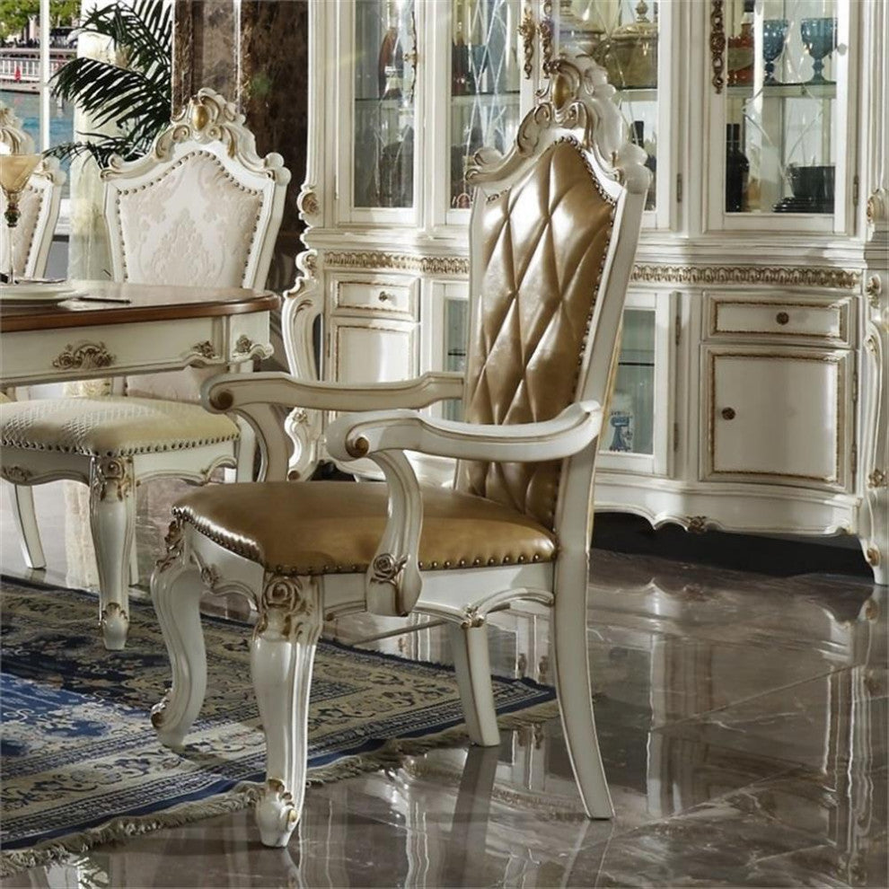 ACME Picardy Faux Leather Upholstered Arm Chair in Antique Pearl Set of 2