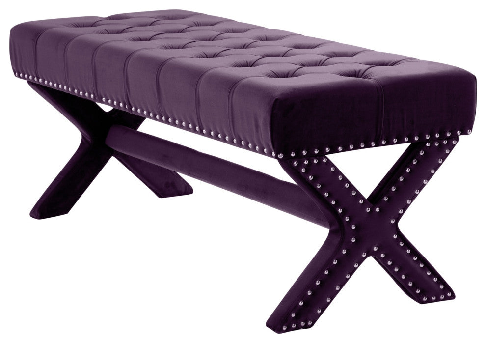 Diana Velvet Button Tufted Silver Nailhead Trim X-Leg Bench, Plum