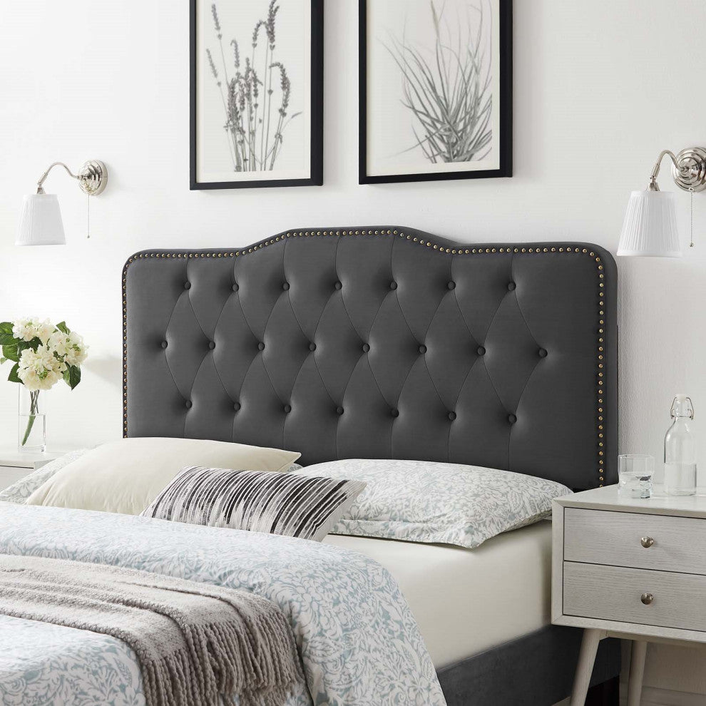 Tufted Headboard, Twin Size, Velvet, Dark Gray, Modern Contemporary
