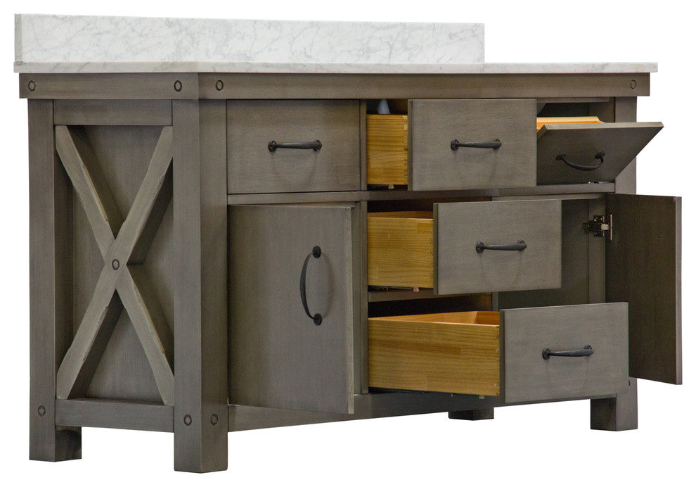 60" Grizzle Gray Double Sink Vanity With Carrara White Marble Counter Top, Mirro