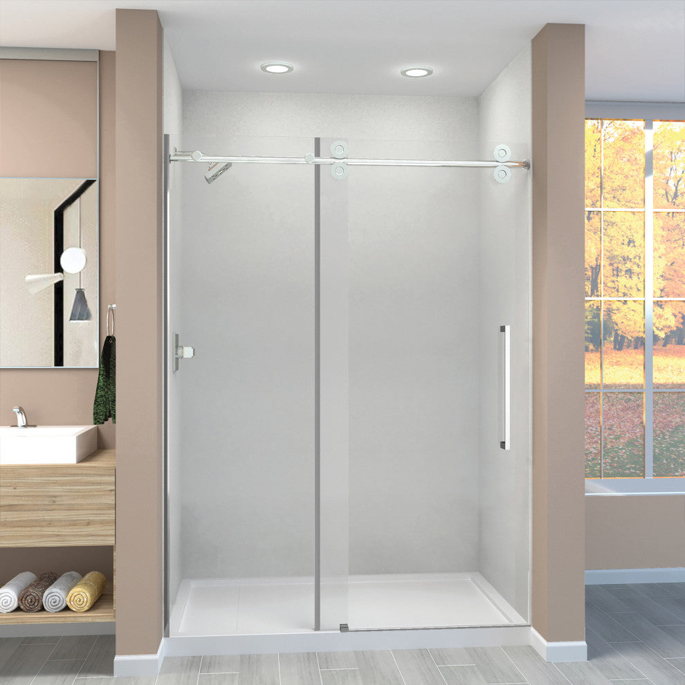 Teegan Sliding Shower Door, Fixed, Clear Glass, Chrome, Sabrina Handle