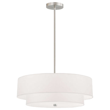 4 Light Incandescent 2 Tier Pendant, Satin Chrome with White Shade