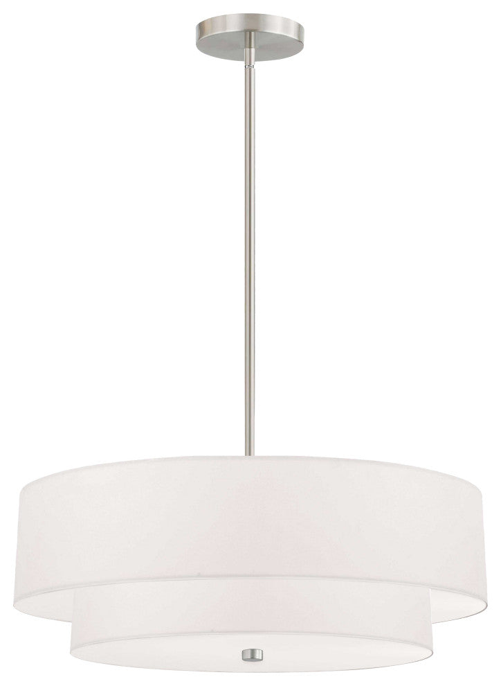 4 Light Incandescent 2 Tier Pendant, Satin Chrome with White Shade