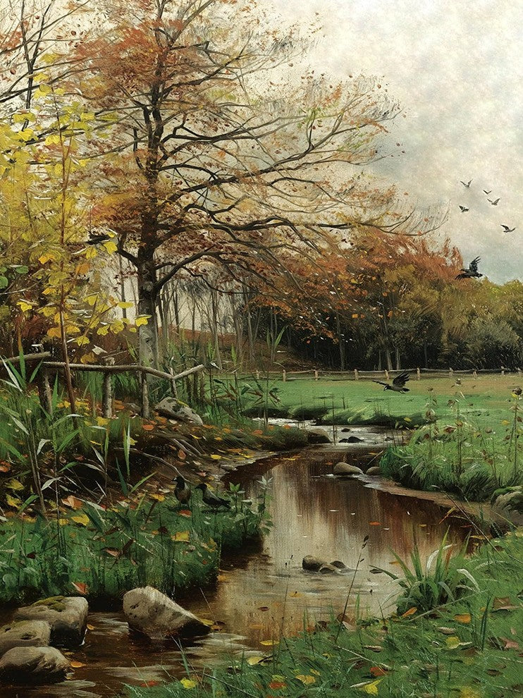 Tile Mural, Autumn Leaves By Peder Monsted Trees Birds Stream Ceramic, Matte