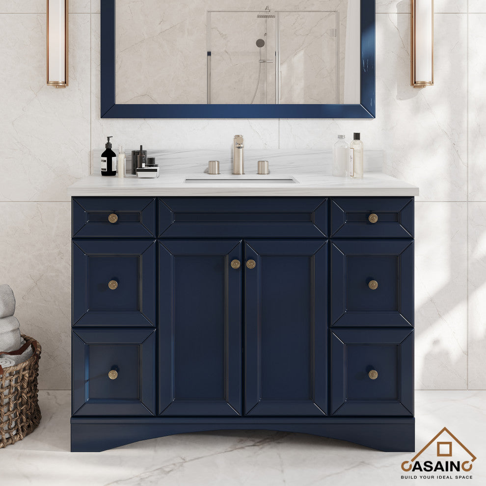 Solid Wood Bath Vanity in Navyblue with White Natural Marble Top and Mirror, 48in