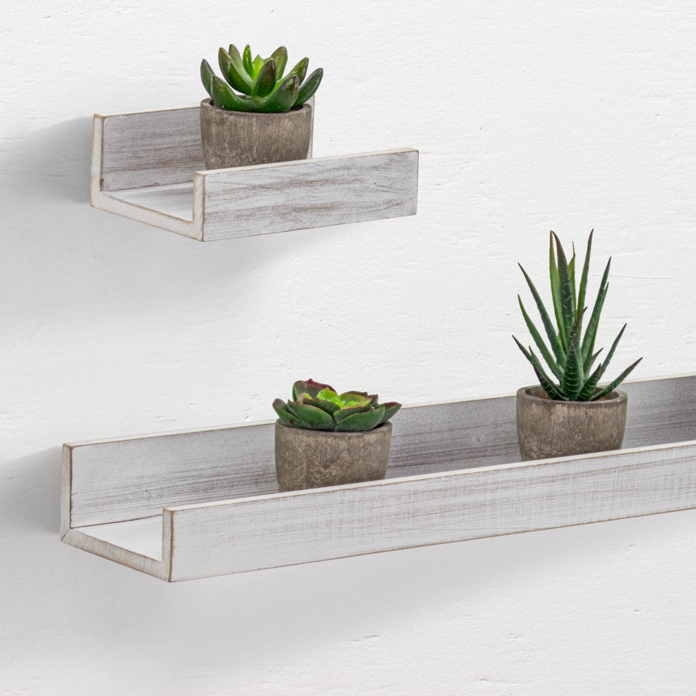 Whitewashed Wood Floating U Wall Shelves - Set of 3