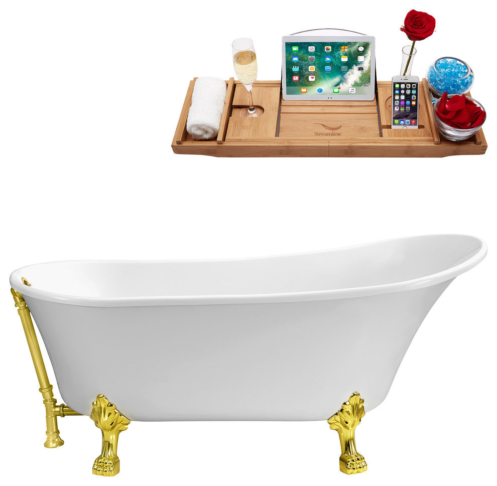 59" Soaking Clawfoot Tub With External Drain, Gold/Gold