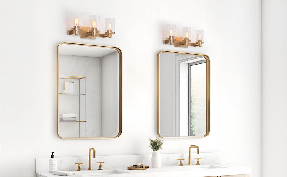 LNC 3-Light Gold Modern Bathroom Vanity Light, Seeded Glass