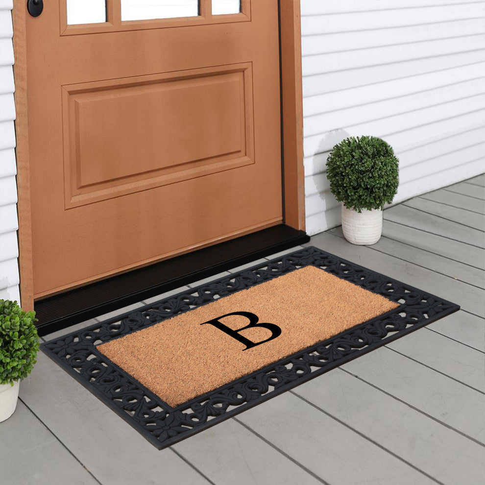A1HC Rubber & Coir Floral Outdoor Durable Monogram Doormat 18"x30", Black, B