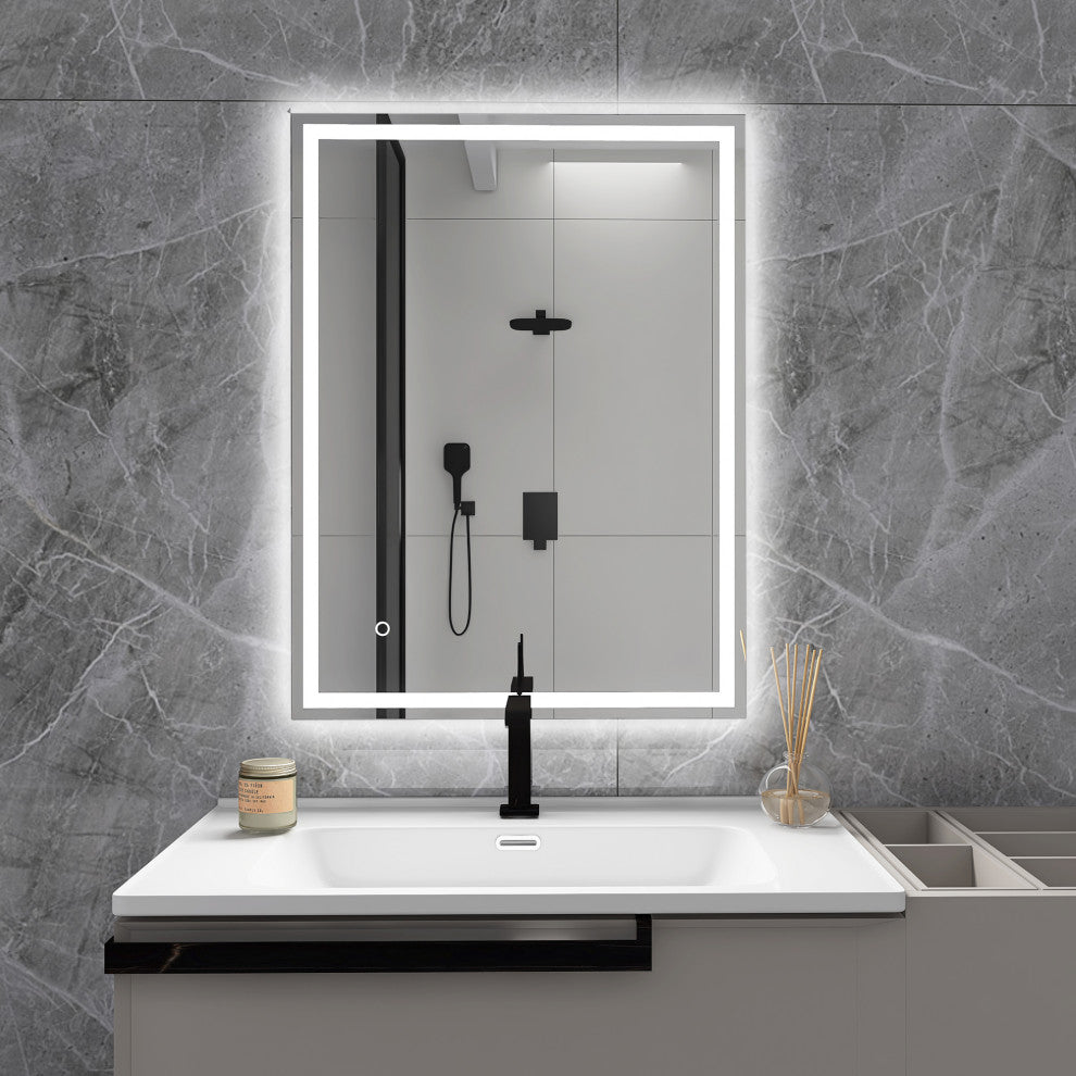 Rectangular Frameless Wall-Mount Anti-Fog LED Light Bathroom Vanity Mirror, 24x3