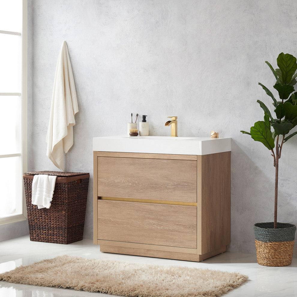 Huesca Bath Vanity, Integrated Sink Top, North American Oak, 36", Without Mirror