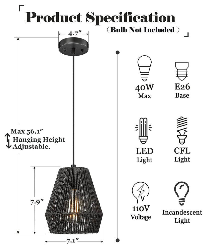 Woven Pendant Light Fixtures Farmhouse Black Pendant Lights for Kitchen