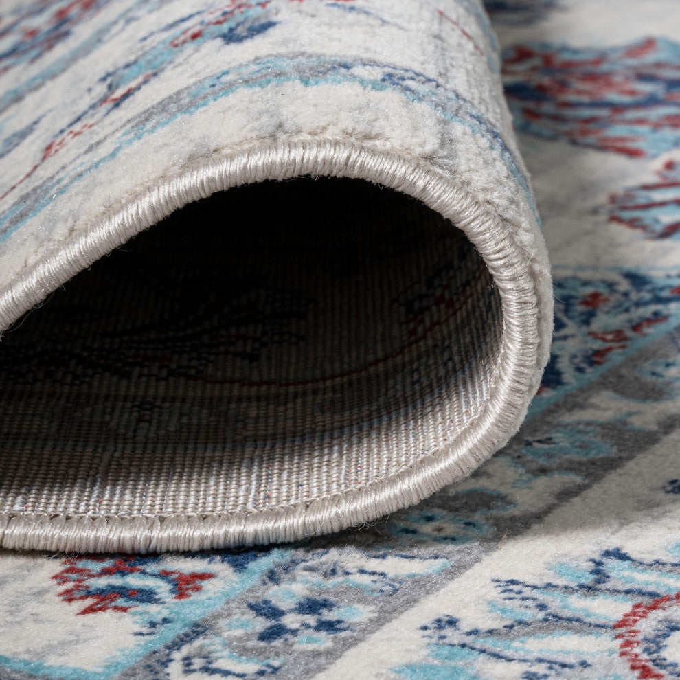 Modern Persian Moroccan Ivory/Blue/Red 5' Square Area Rug
