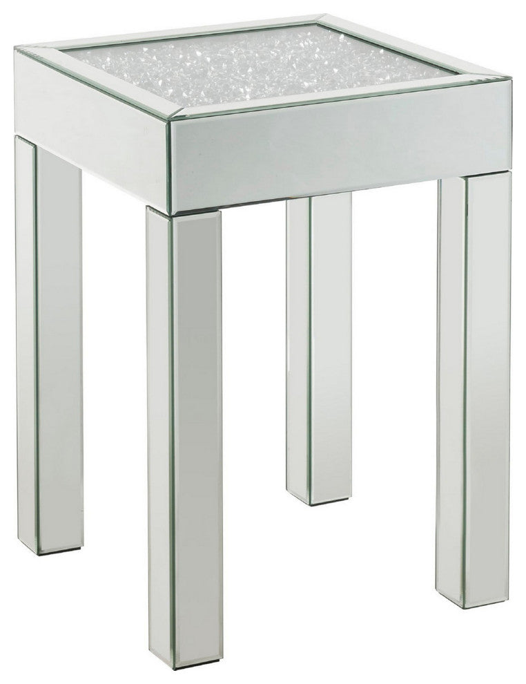 Benzara BM250372 End Table With Faux Acrylic Diamond Top and Block Legs, Silver