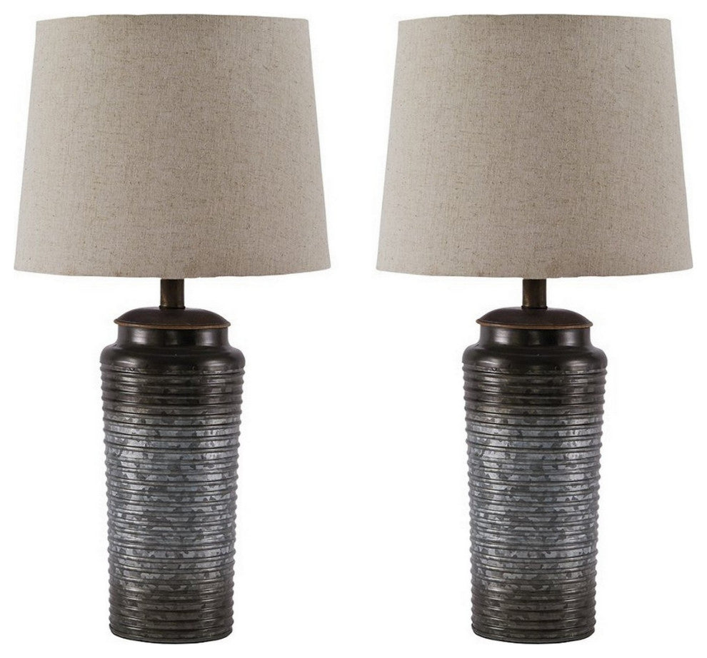 Ribbed Design Metal Body Table Lamp with Tapered Fabric Shade,Set of 2,Gray