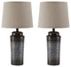 Ribbed Design Metal Body Table Lamp with Tapered Fabric Shade,Set of 2,Gray