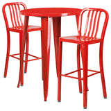30" Round Red Metal Bar 3-Piece Table Set With 2 Vertical Slat Back Stools