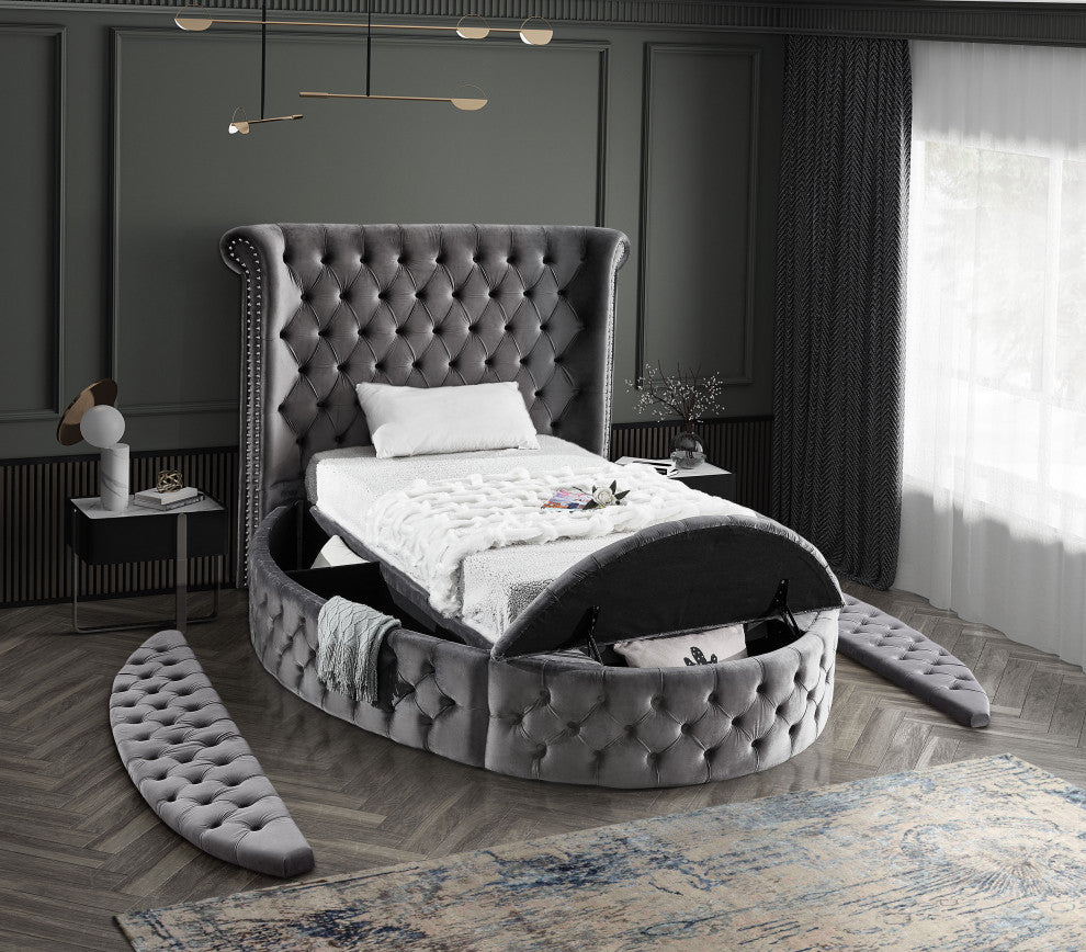 Luxus Button Tufted Velvet Round Bed, Gray, Twin