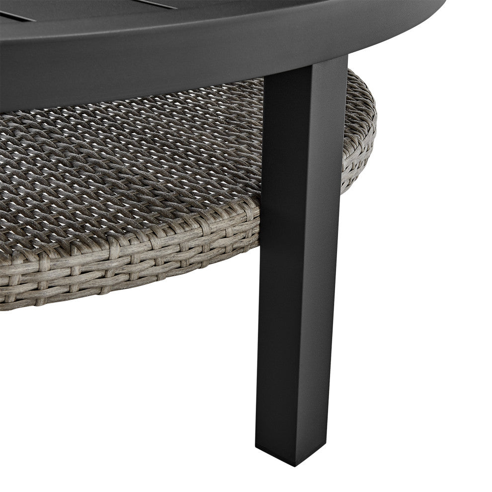 Aileen Outdoor Patio Round Coffee Table, Black Aluminum With Gray Wicker