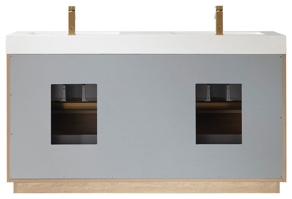 Huesca Bath Vanity, Integrated Sink Top, North American Oak, 60" Double Sink, With Mirror
