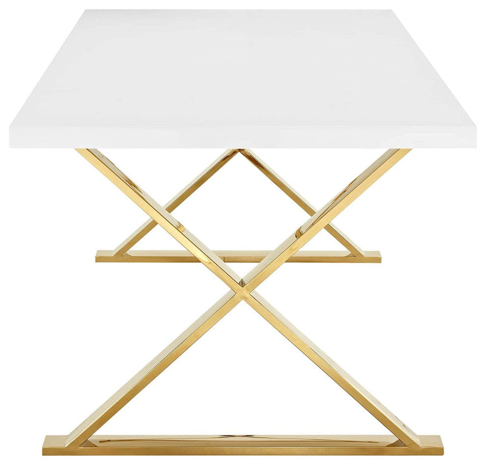 Elegant Dining Table with Gold Stainless Steel X-Base for Modern Homes, White/Gold