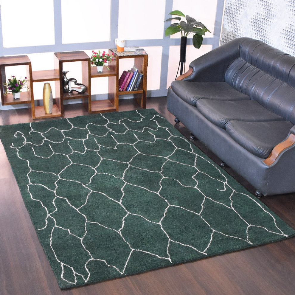 HAND KNOTTED LOOM SILK AREA RUGS-6'x9',Rectangle,Dark Green White,Contemporary