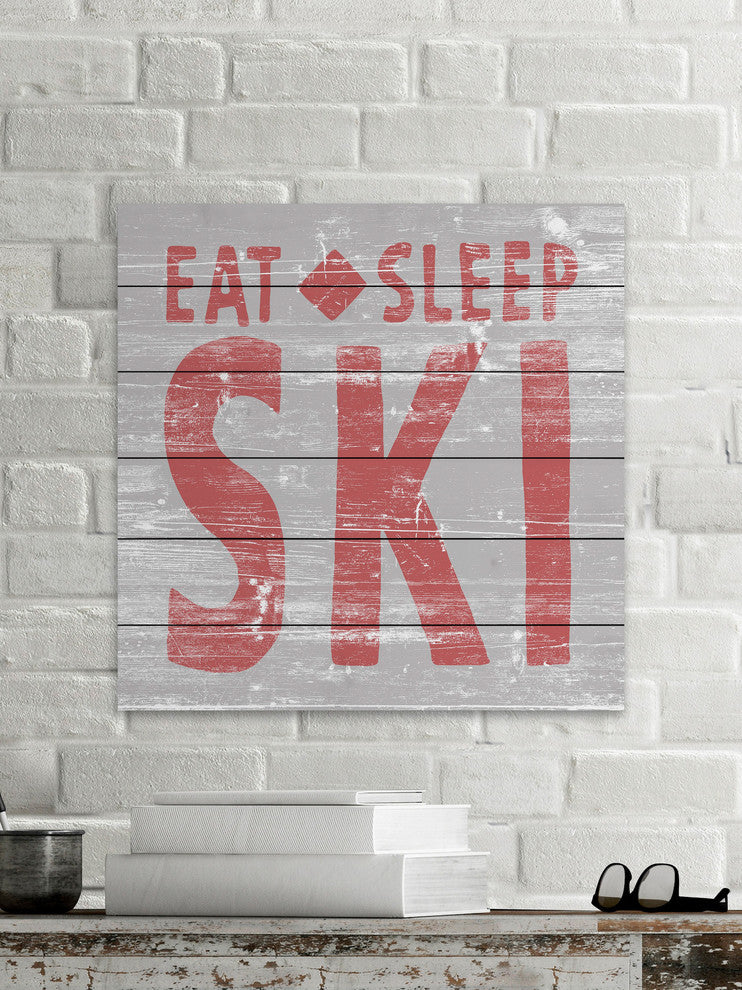 "Eat Sleep Ski" Painting Print on White Wood, 24"x24"