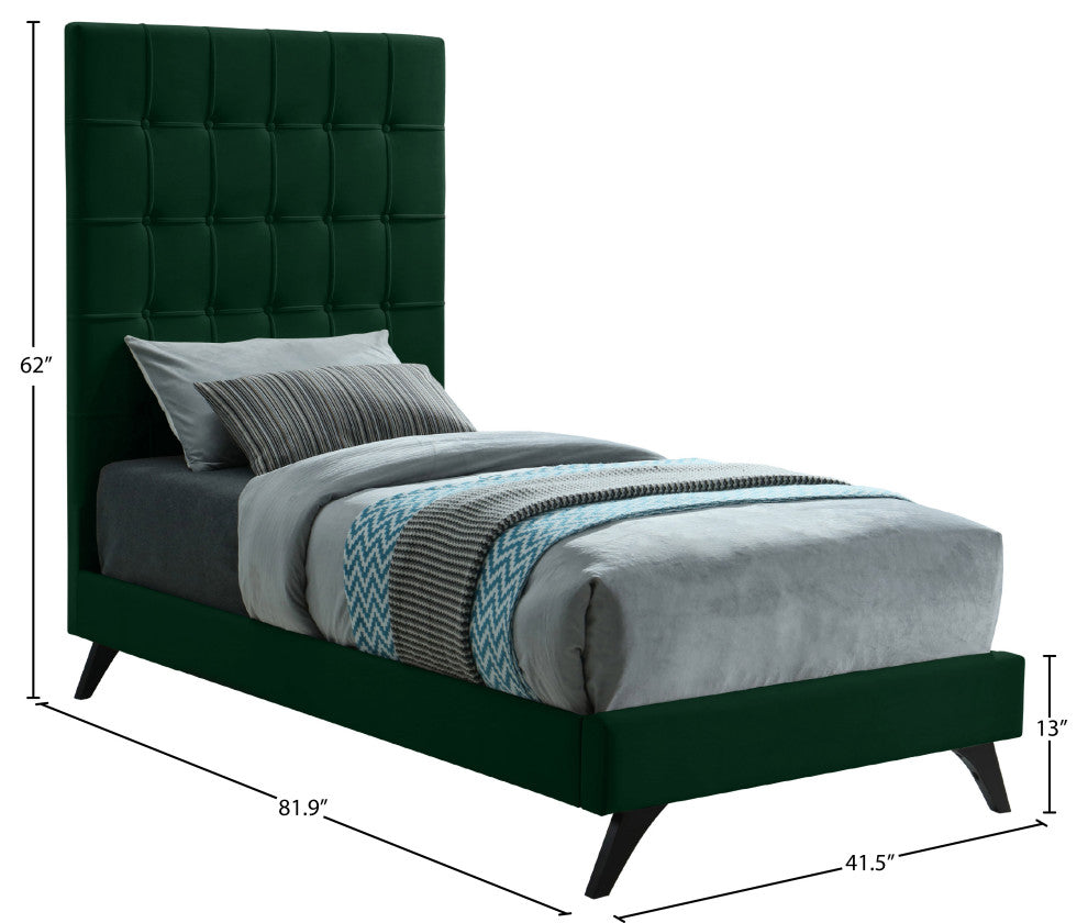 Elly Velvet Upholstered Bed, Green, Twin