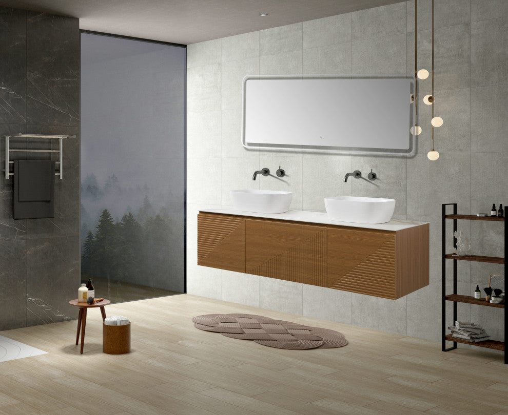 Simon Series Wall Mount Vanity With a Porcelain Vessel Sink, 72" Double