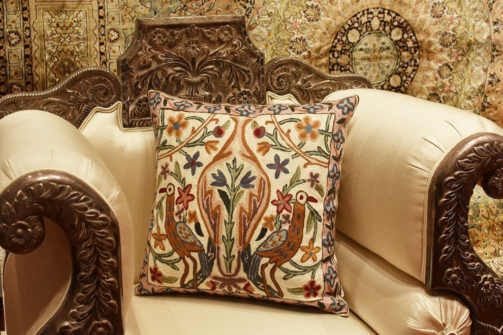Floral Vase Tree of Life Two Crane Decorative Pillow Cover Handmade Wool 18x18"