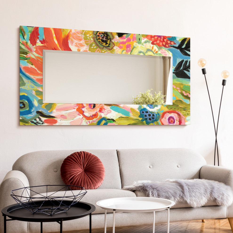 "Secret Garden Floral III" Frameless Reverse Printed Art Glass Mirror, 72" X 36"