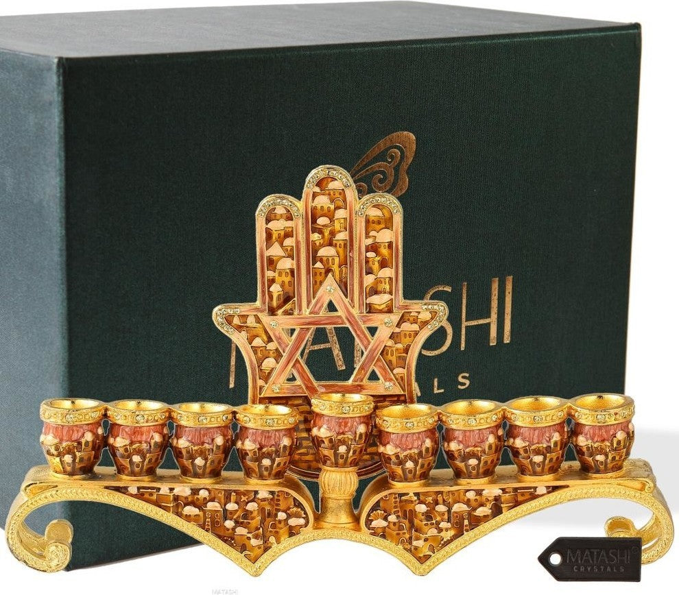 Hand Painted Enamel Menorah Candelabra Hamsa with Star of David Design