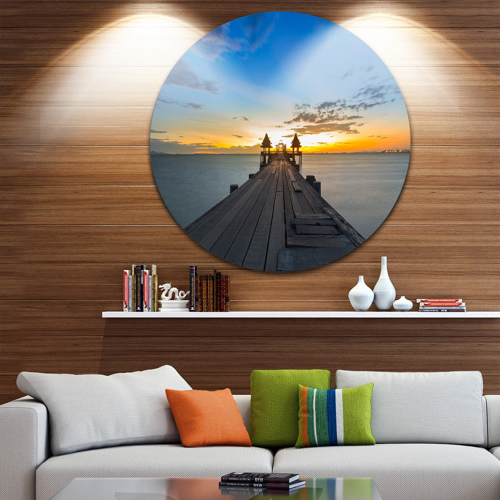 Long Wood Pier Leading To Colorful Sea, Sea Bridge Disc Artwork, 11"