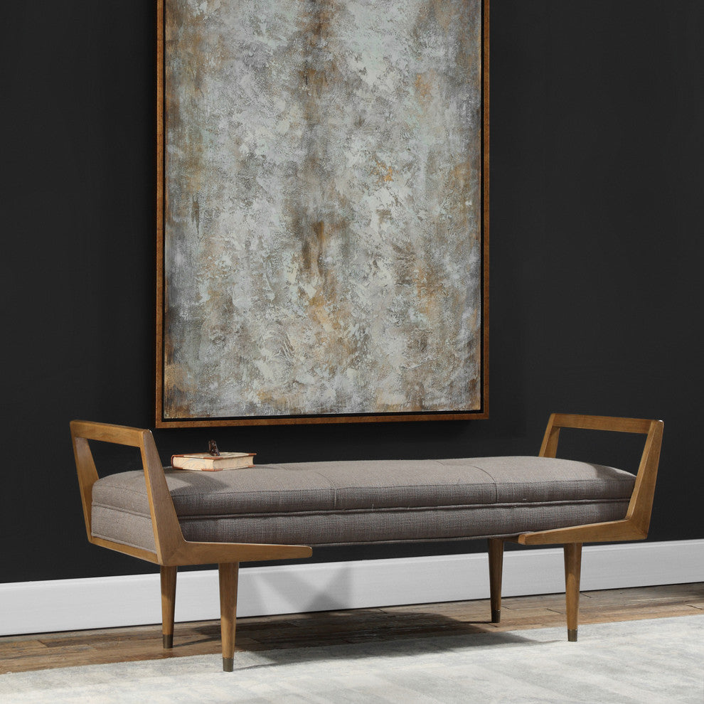 Midcentury Modern Exposed Wood Frame Bench, Tufted Gray Brown Retro Long