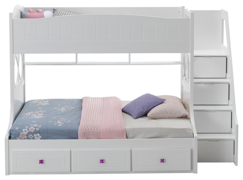 Benzara BM235366 Wooden Twin Over Full Bunk Bed With 3 Drawers, White
