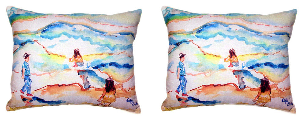 Pair Of Betsy Drake Playing at the Beach No Cord Pillows 16 X 20