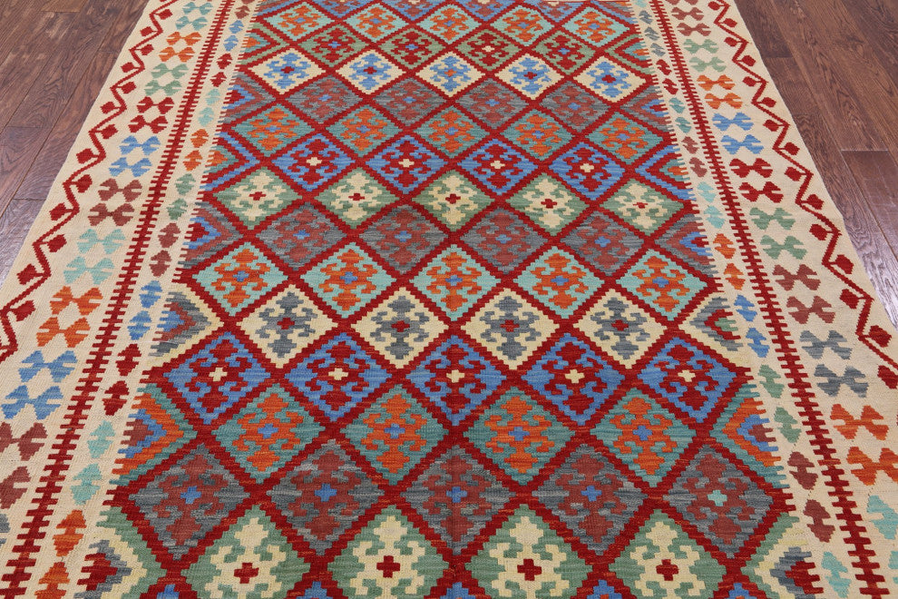 6' 7" X 9' 5" Flat Weave Kilim Wool On Wool Rug - Q12550